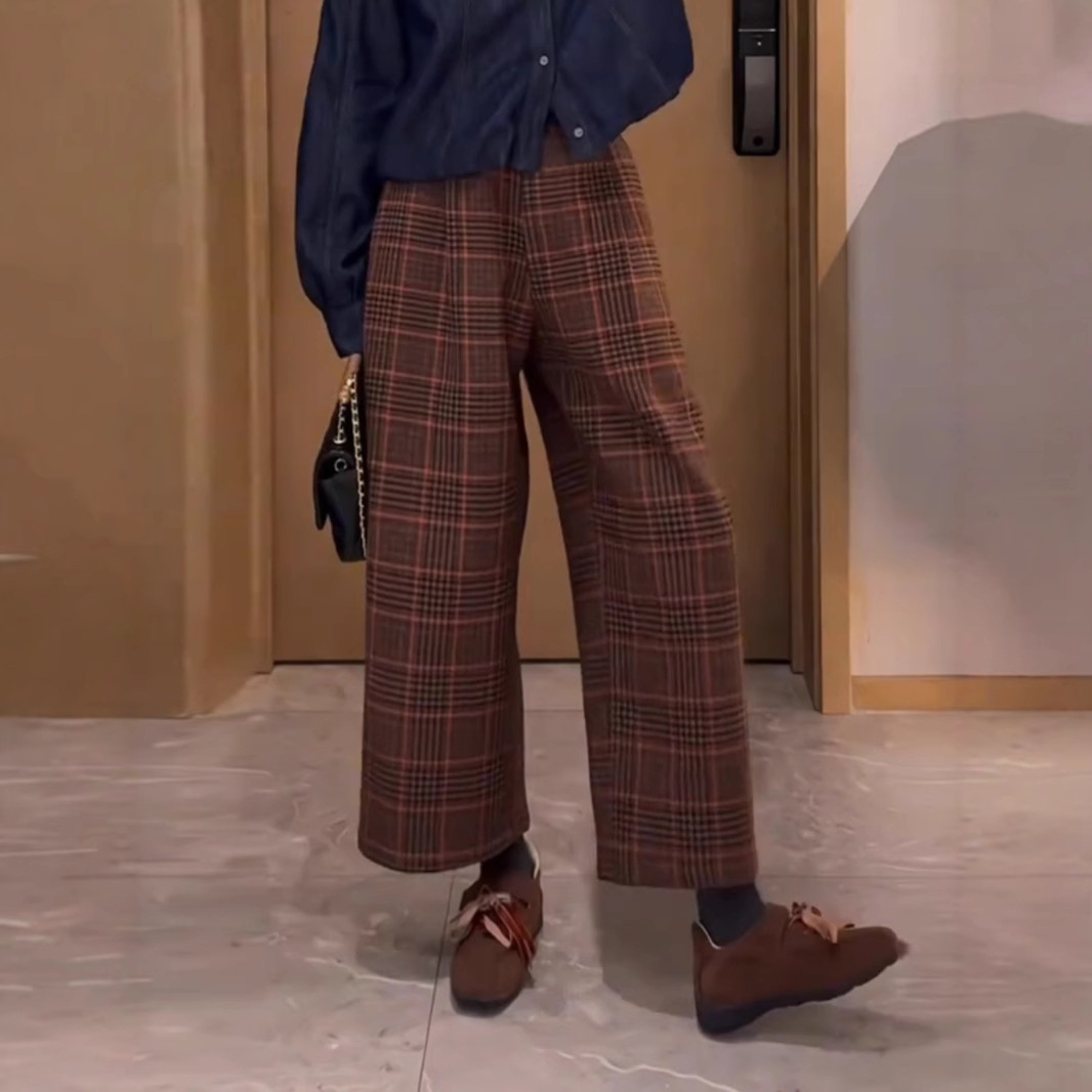 チェックパンツ ブラウン レトロ格子柄ワイド丈パンツ