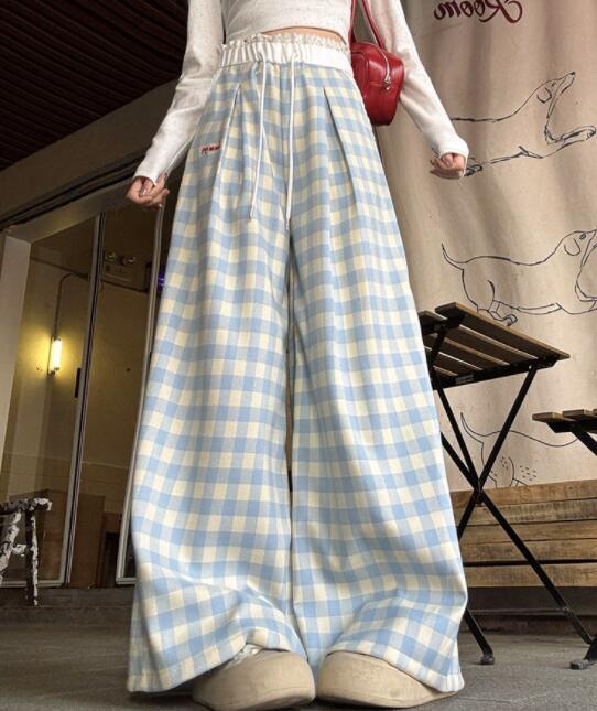 チェックパンツ レディースギンガムチェックワイドパンツ