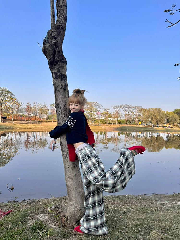 チェックパンツ ゆったりタータンロングパンツ