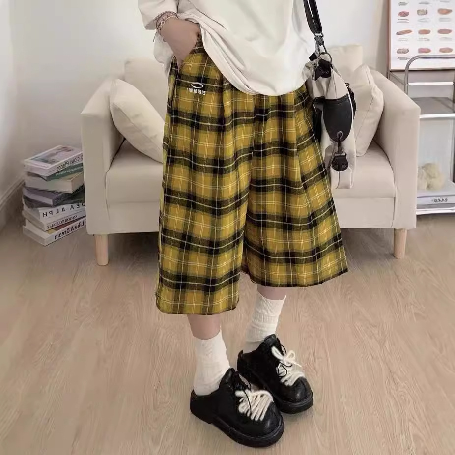 チェックパンツ タータンチェック柄ワイドシルエットハーフ丈パンツ