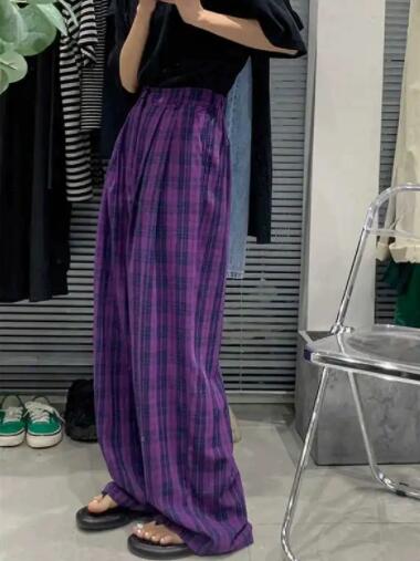 チェックパンツ レディース 紫チェック柄 ワイドパンツ