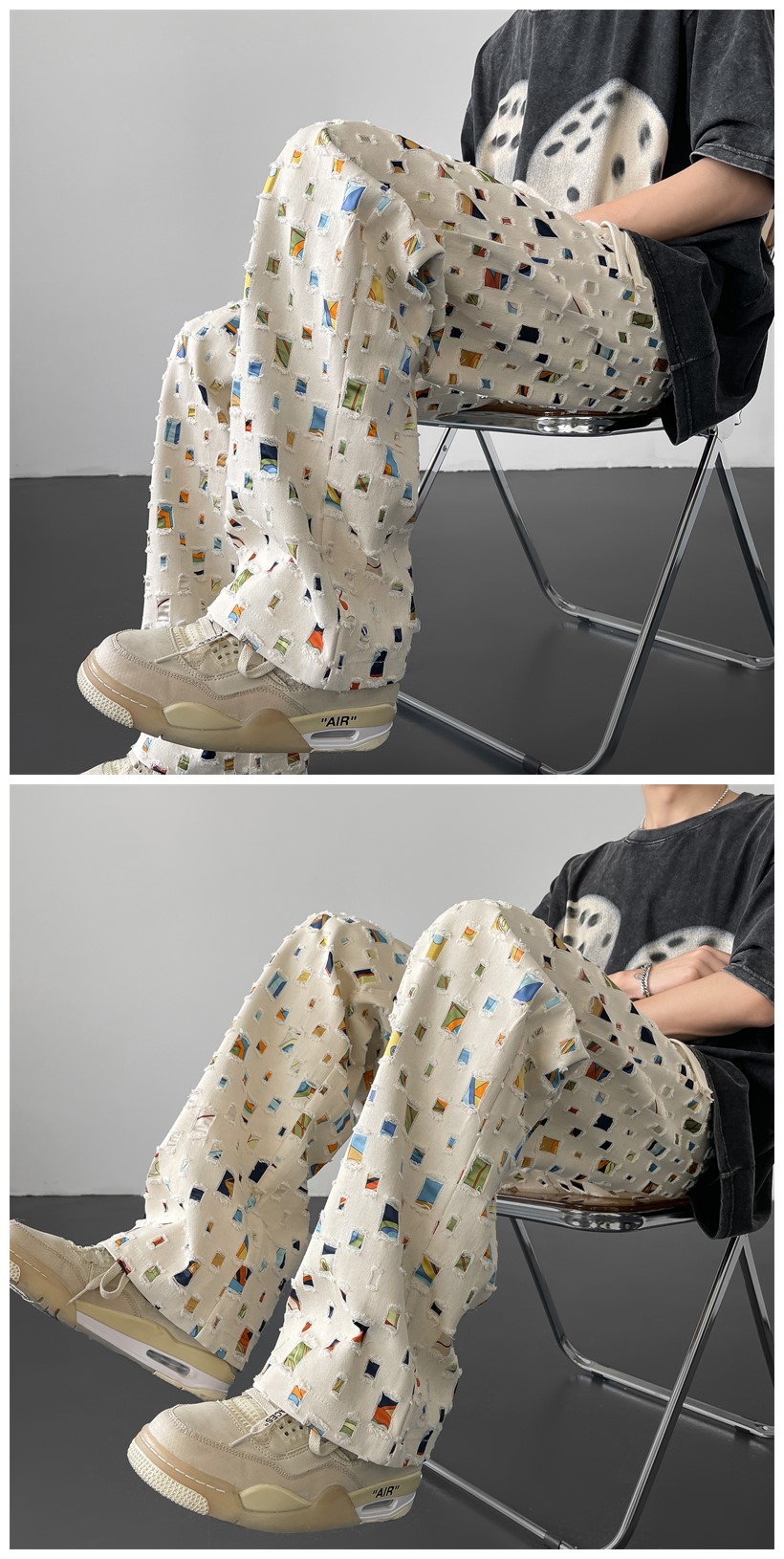 チェックパンツ カラフル四角模様のリラックスパンツ