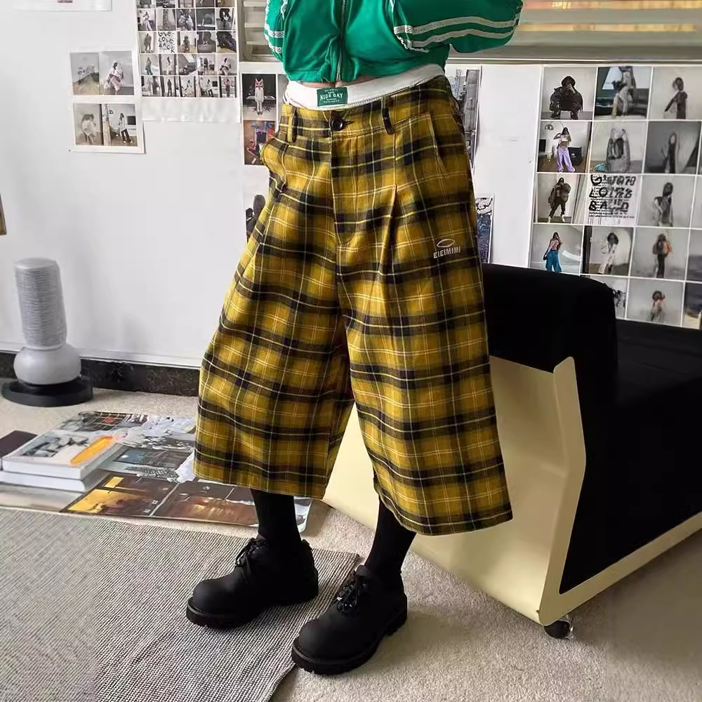 チェックパンツ タータンチェック柄ワイドシルエットハーフ丈パンツ