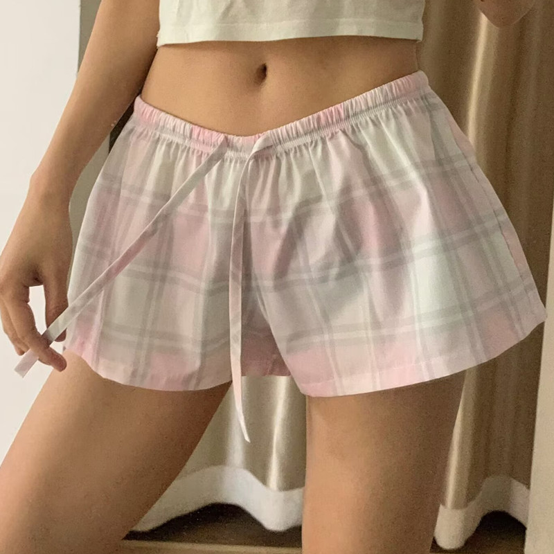 チェックパンツ ウエストリボン ショートパンツ