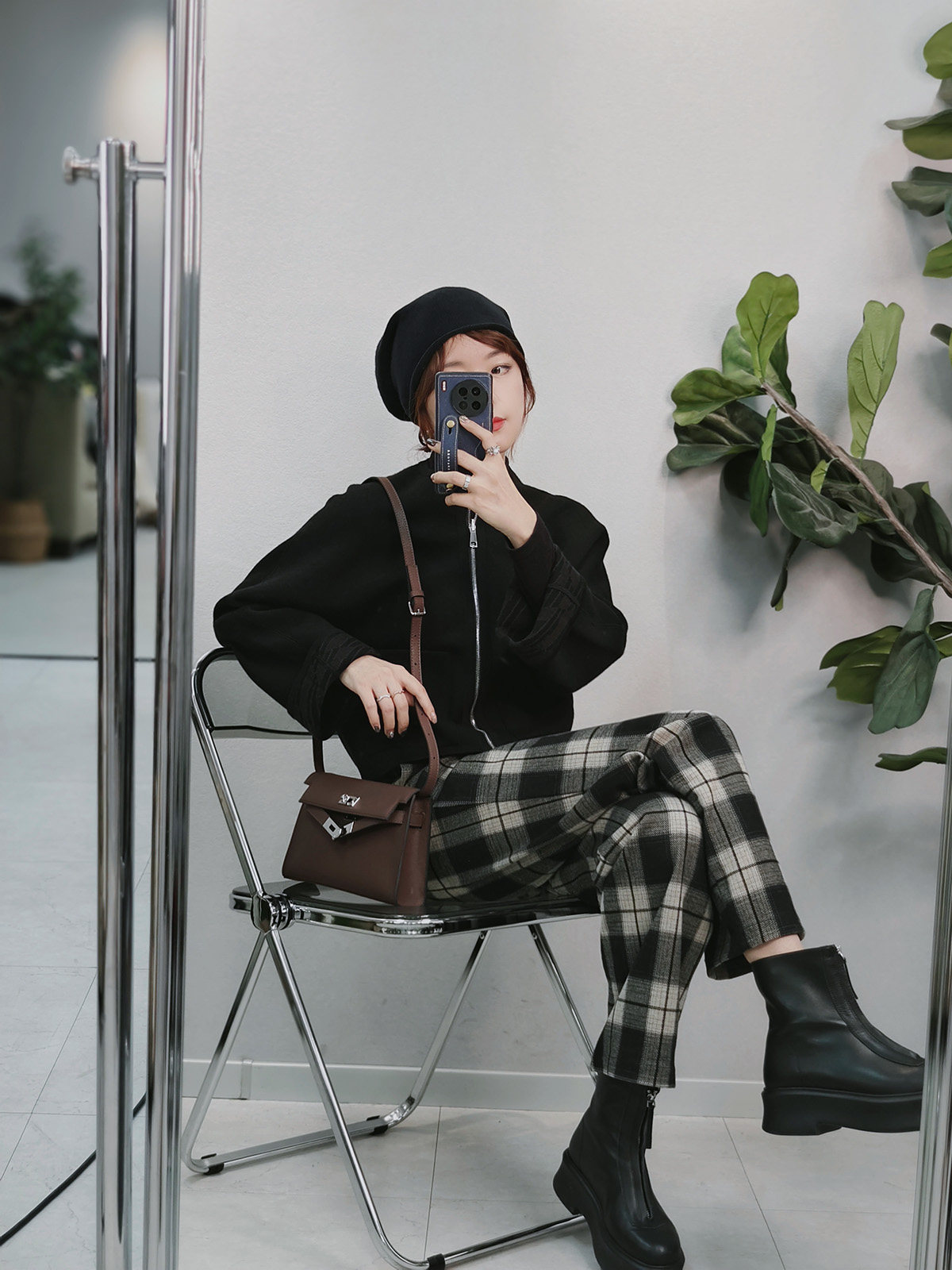 チェックパンツ 大判格子柄ゆったりワイドストレートパンツ