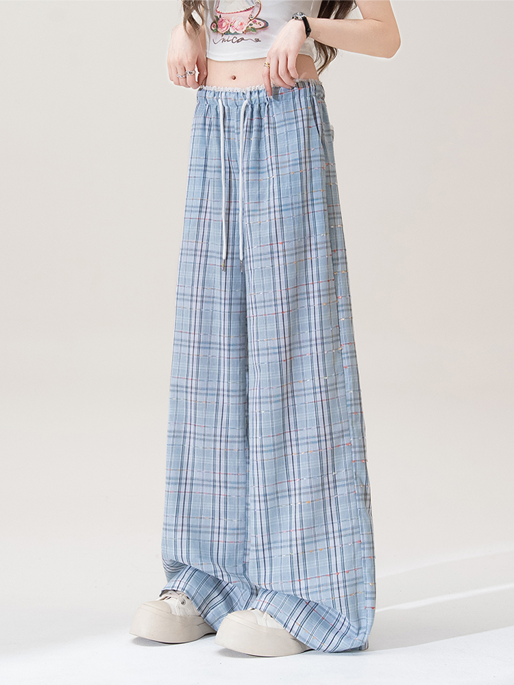 チェックパンツ レース風チェック柄ワイドパンツ