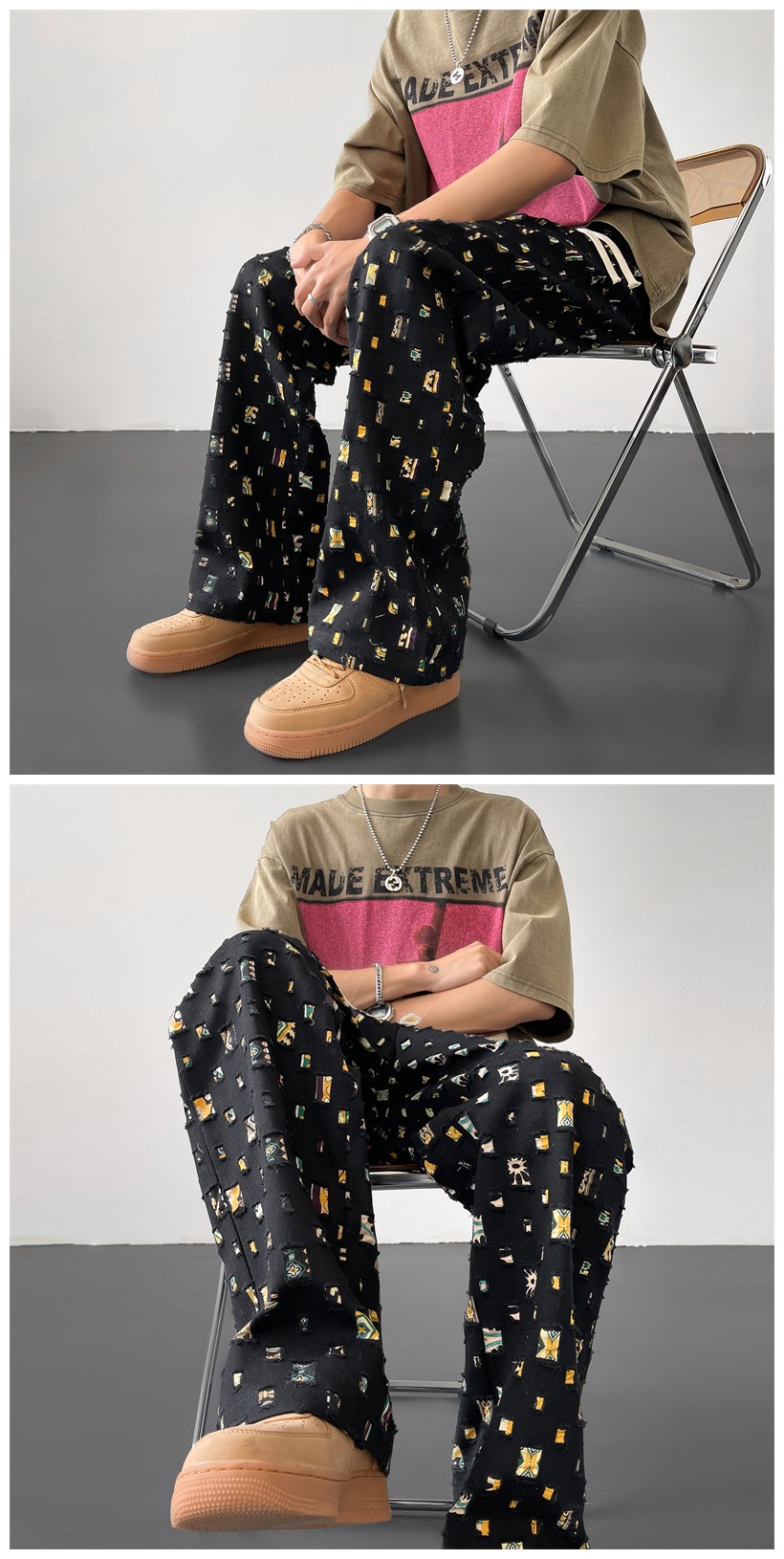 チェックパンツ カラフル四角模様のリラックスパンツ