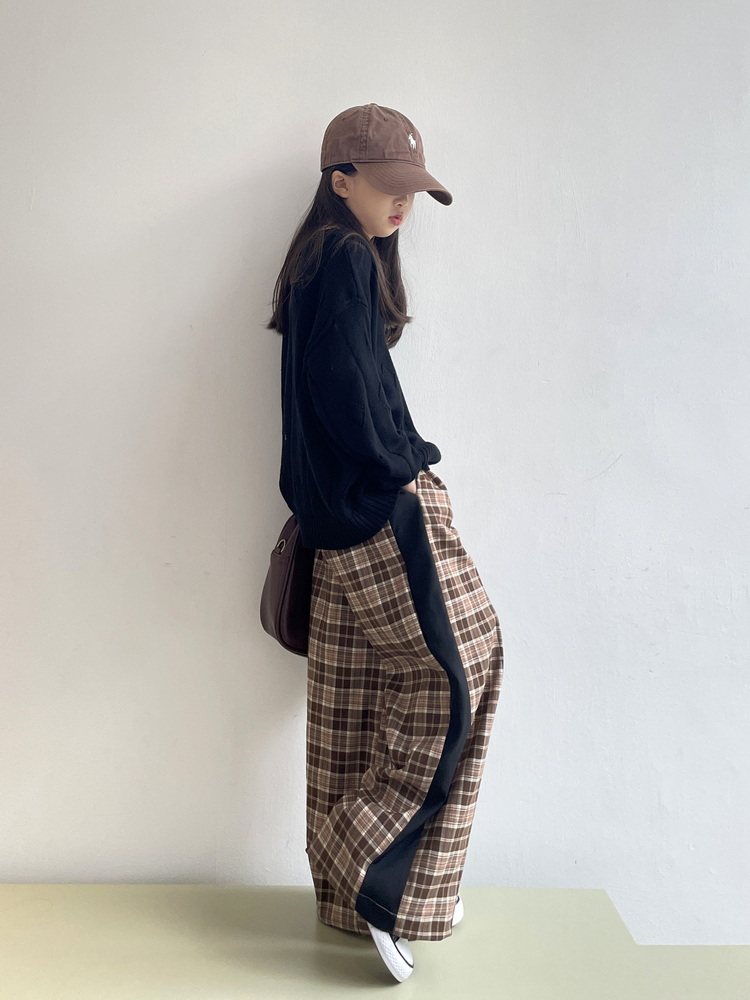 チェックパンツ 切替デザイン格子柄チェックパンツワイドシルエット