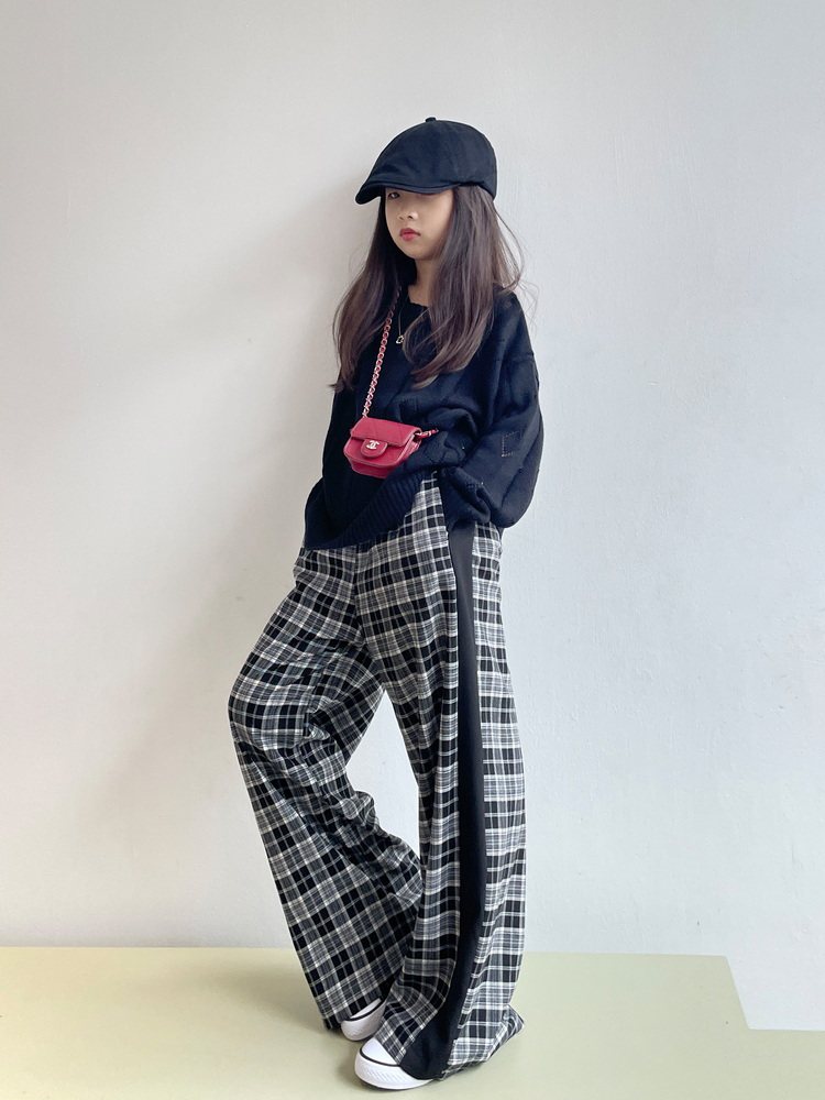 チェックパンツ 切替デザイン格子柄チェックパンツワイドシルエット