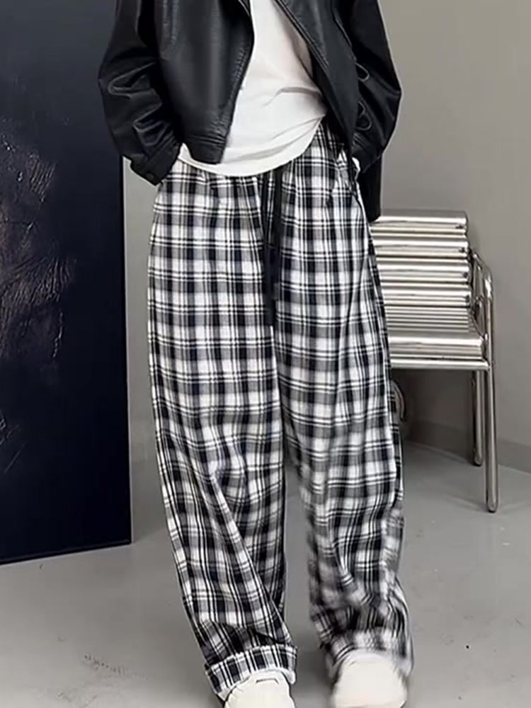 チェックパンツ 白黒 ゆったりシルエット格子柄ワイドパンツ