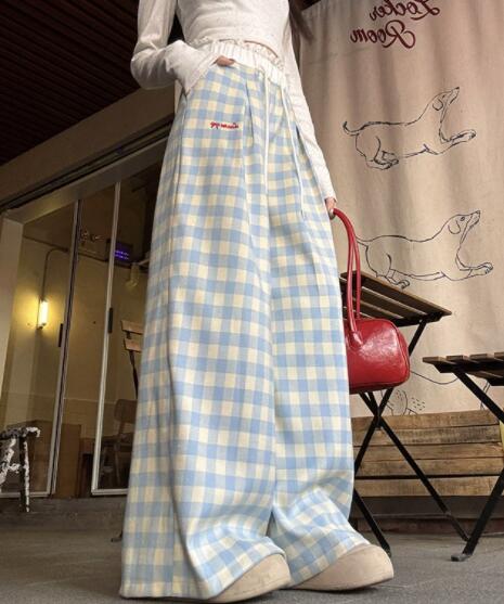 チェックパンツ レディースギンガムチェックワイドパンツ