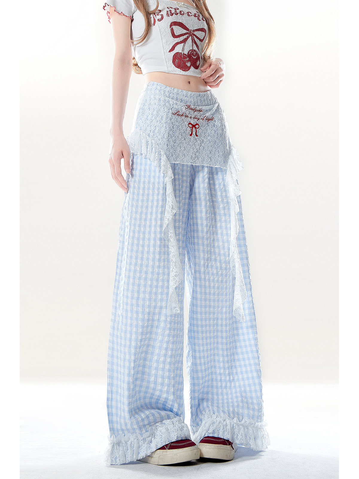 チェックパンツ レースあしらいワイドパンツ