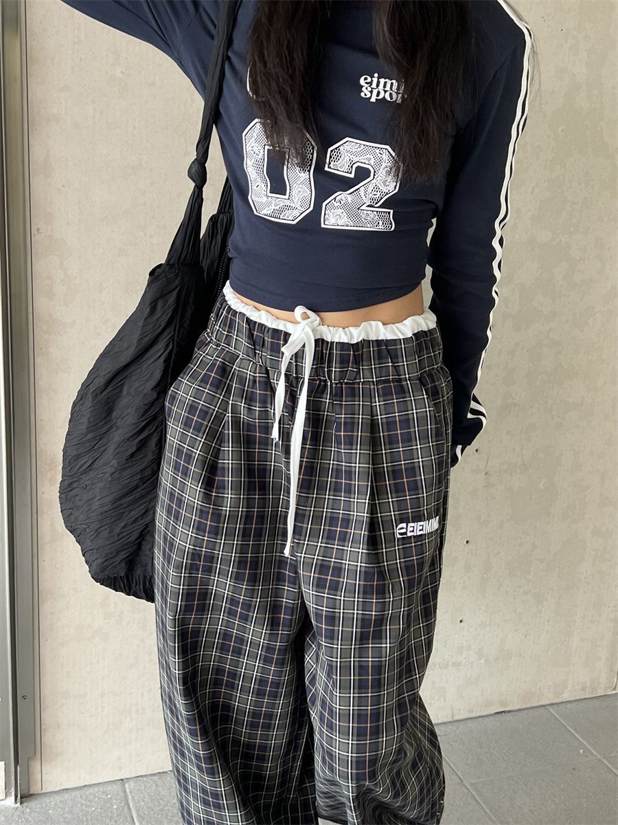 チェックパンツ 紐付きワイドシルエットギンガムチェックパンツ