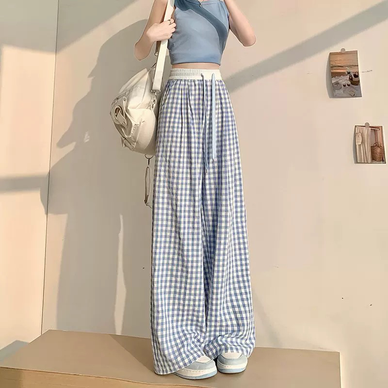 チェックパンツ 高級感垂れ感ギンガムチェックワイドパンツ