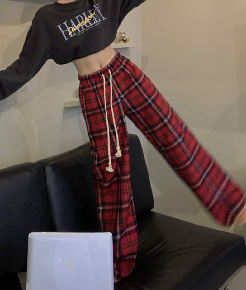 チェックパンツ 紐付きゆったりシルエットギンガムチェック柄パンツ