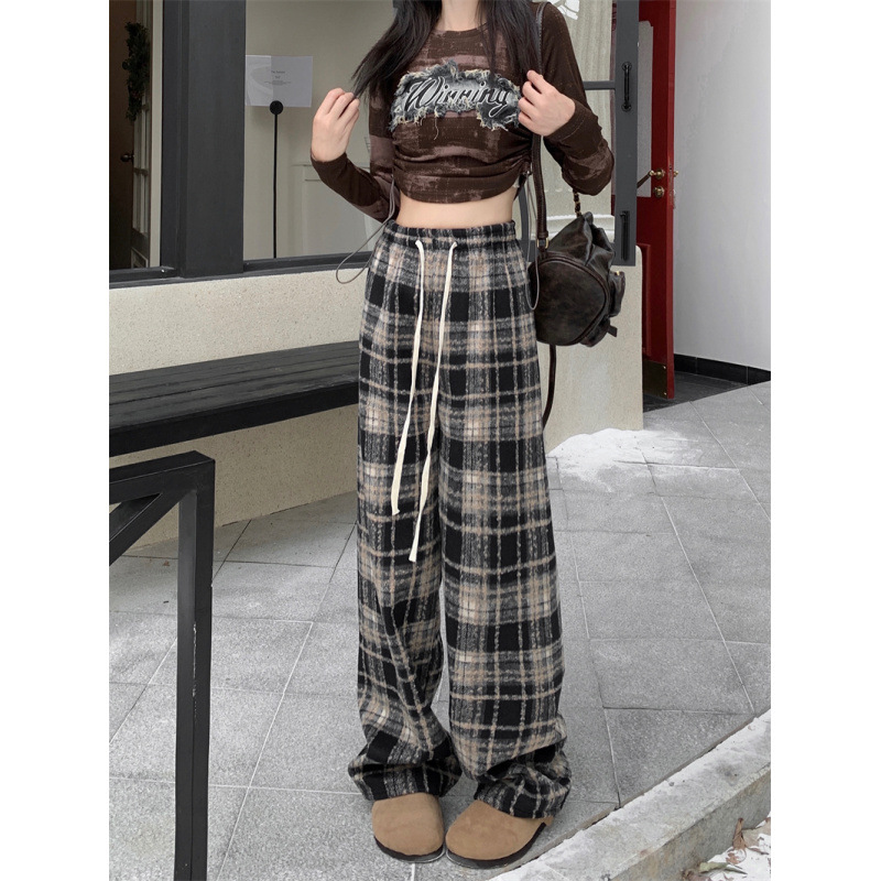 チェックパンツ 紐付きギンガムチェック柄ワイドパンツ