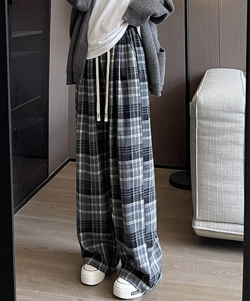チェックパンツ チェック柄ハイウエストワイドパンツ