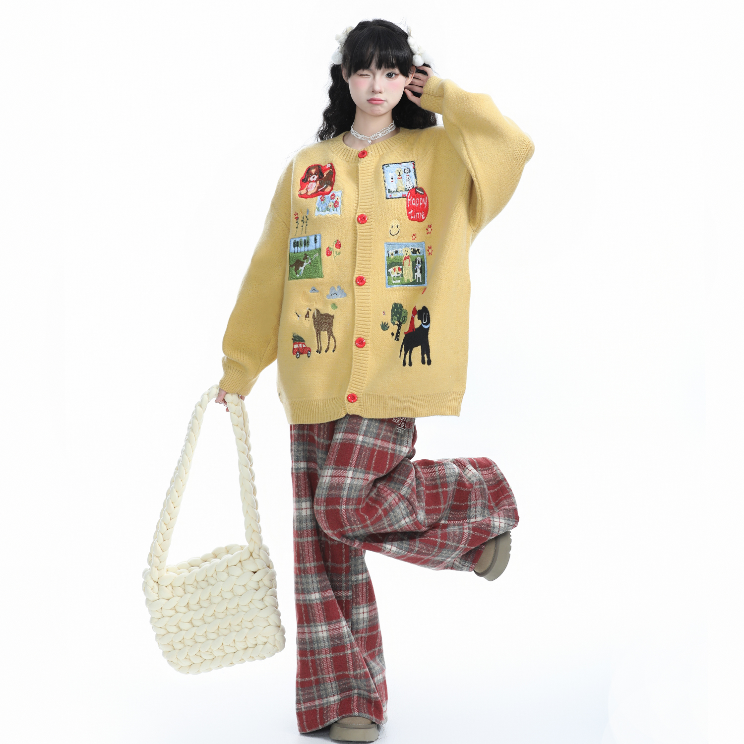 チェックパンツ ウォッシュ加工タータンフレアパンツ