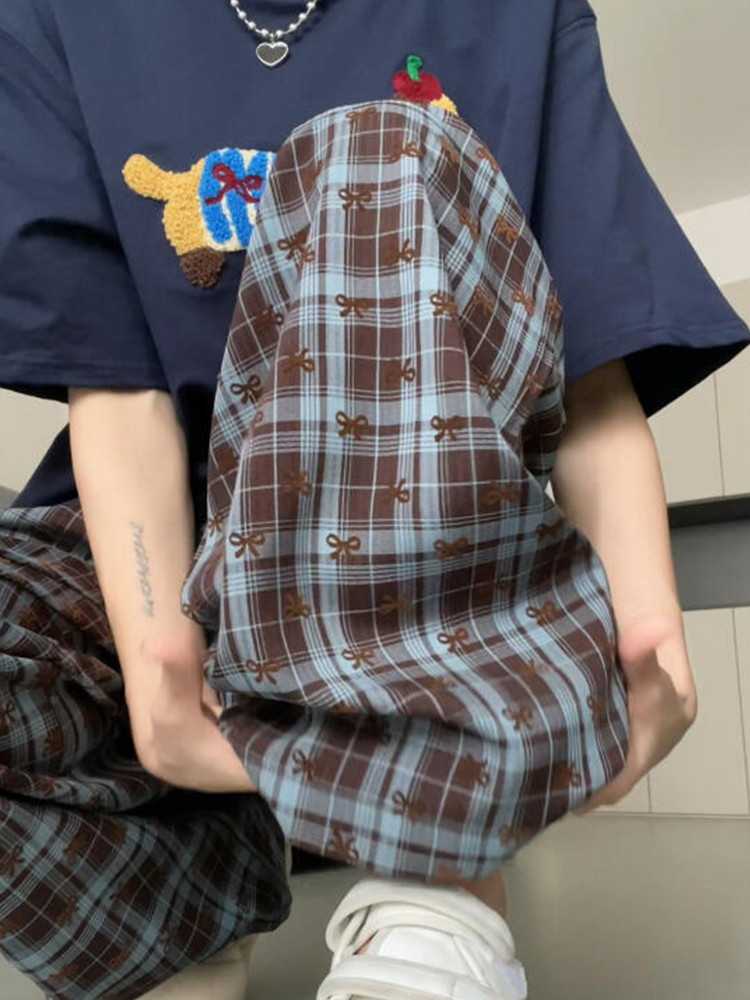 チェックパンツ クラシック格子柄ゆったりパンツ