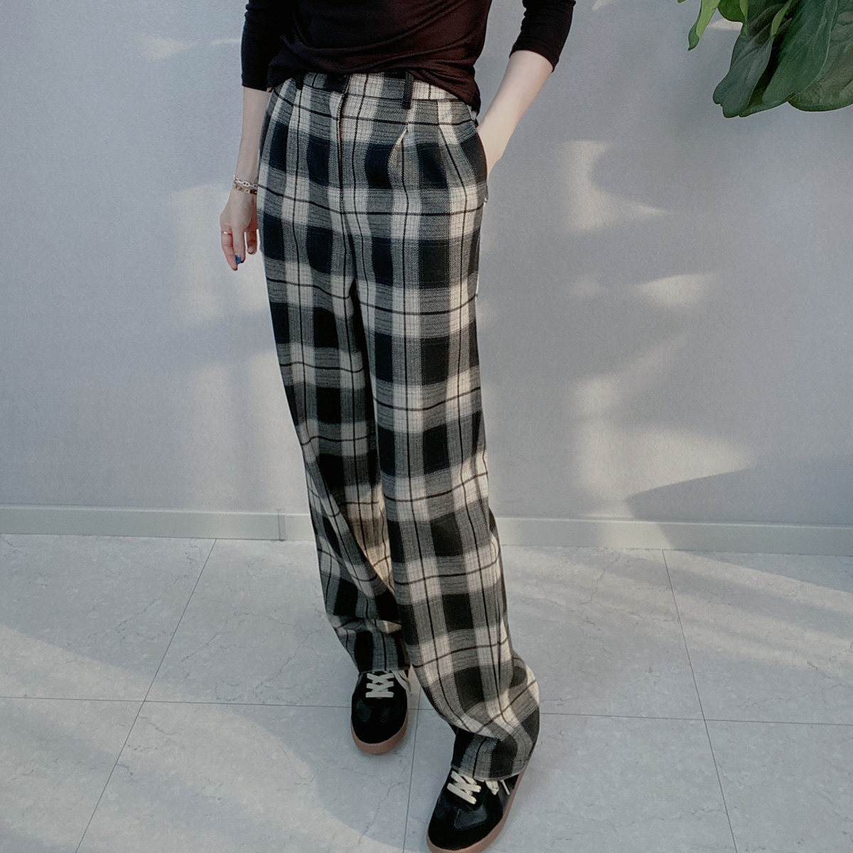 チェックパンツ 大判格子柄ゆったりワイドストレートパンツ