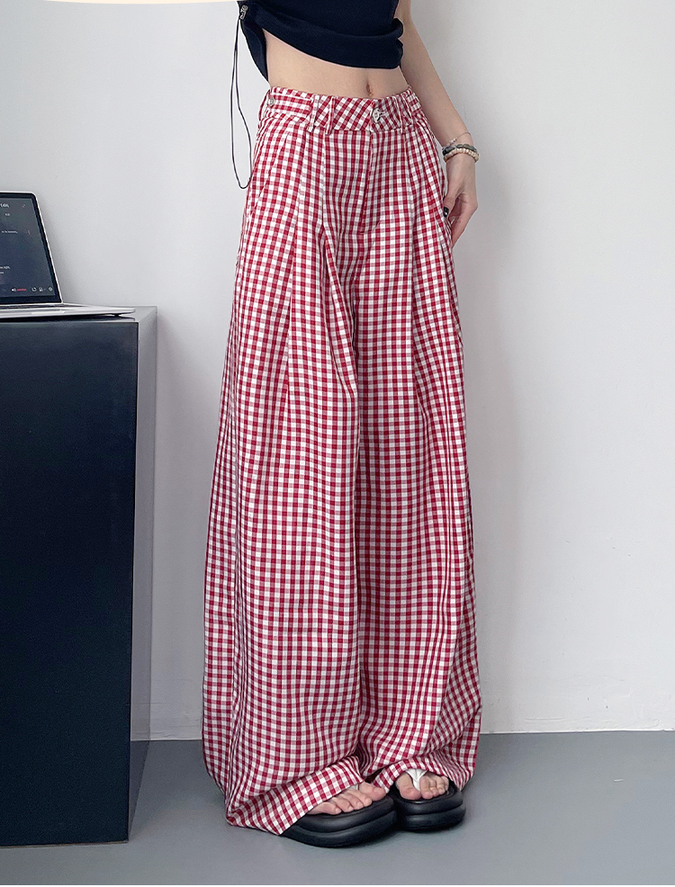 チェックパンツ 格子柄ゆったりロングパンツ