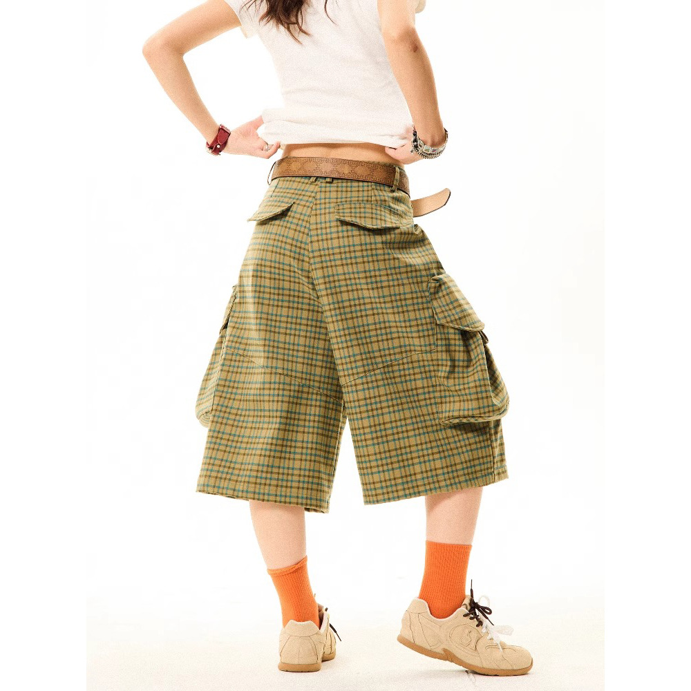 チェックパンツ マルチポケット格子柄ガウチョ
