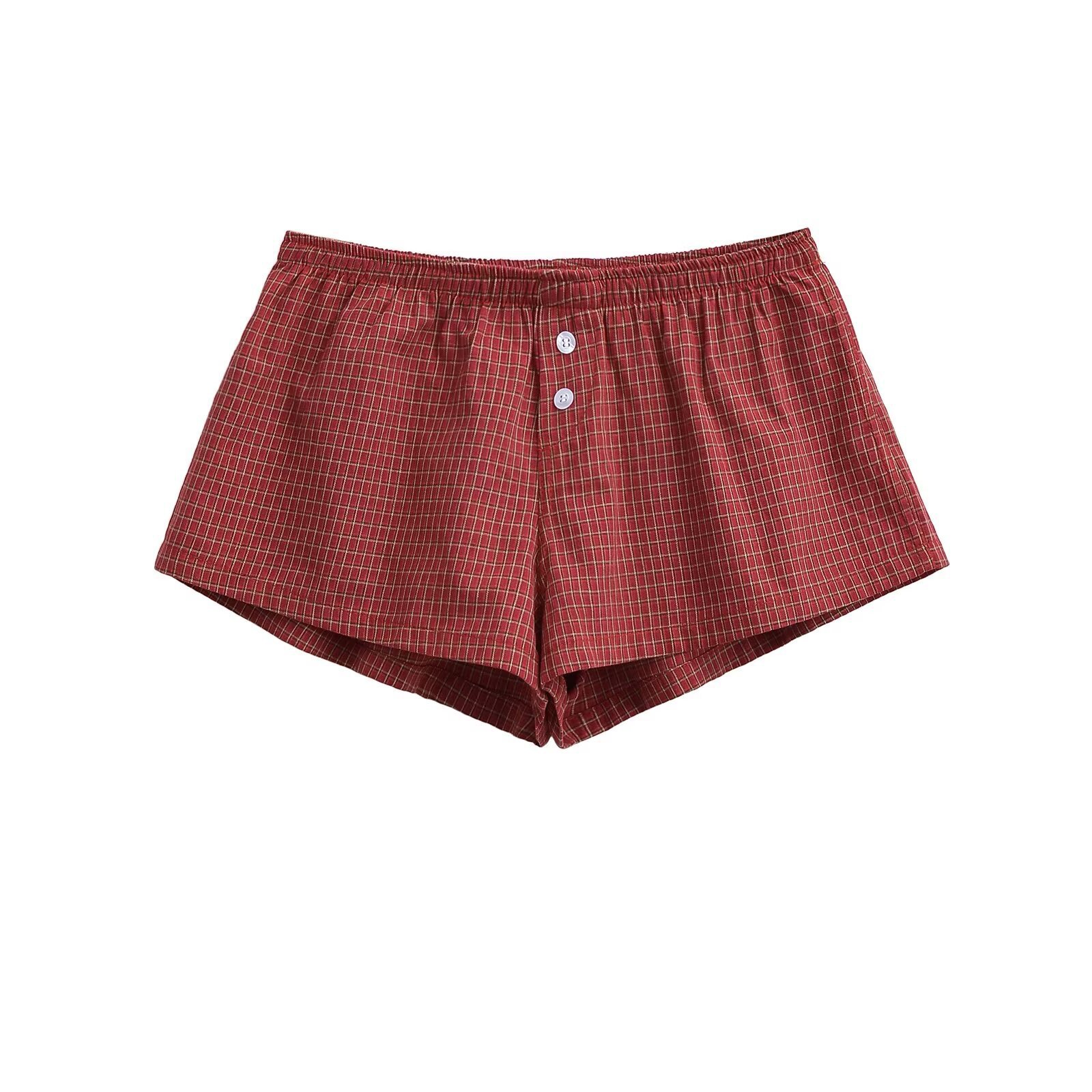 チェックパンツ ゴムウエストボタン付きショートパンツ