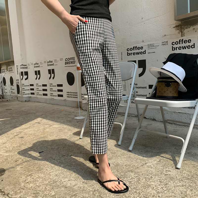 チェックパンツ シンプルギンガムスリムパンツ