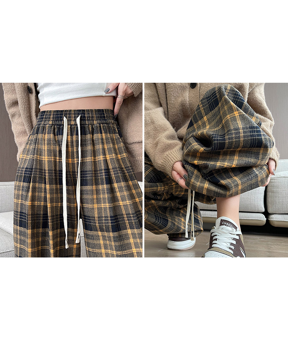 チェックパンツ チェック柄ハイウエストワイドパンツ