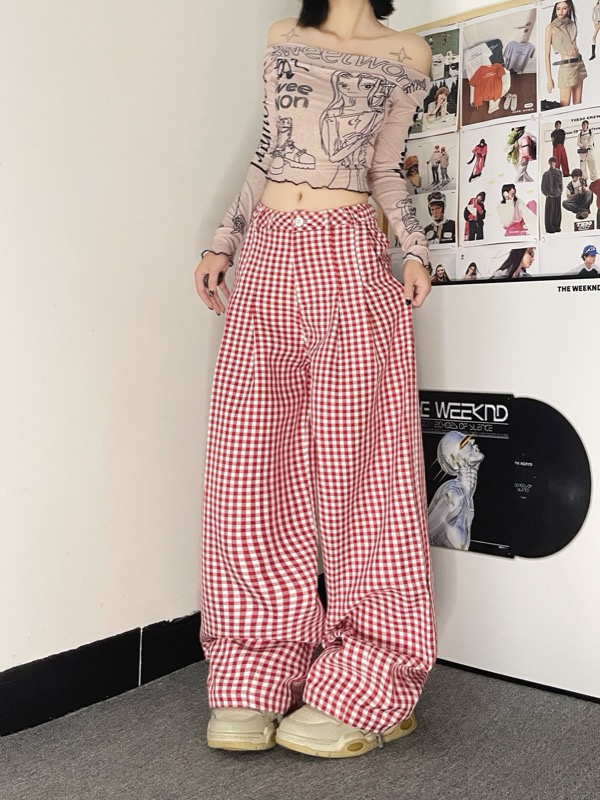 チェックパンツ レディース ギンガムチェック ワイドパンツ 赤白格子柄