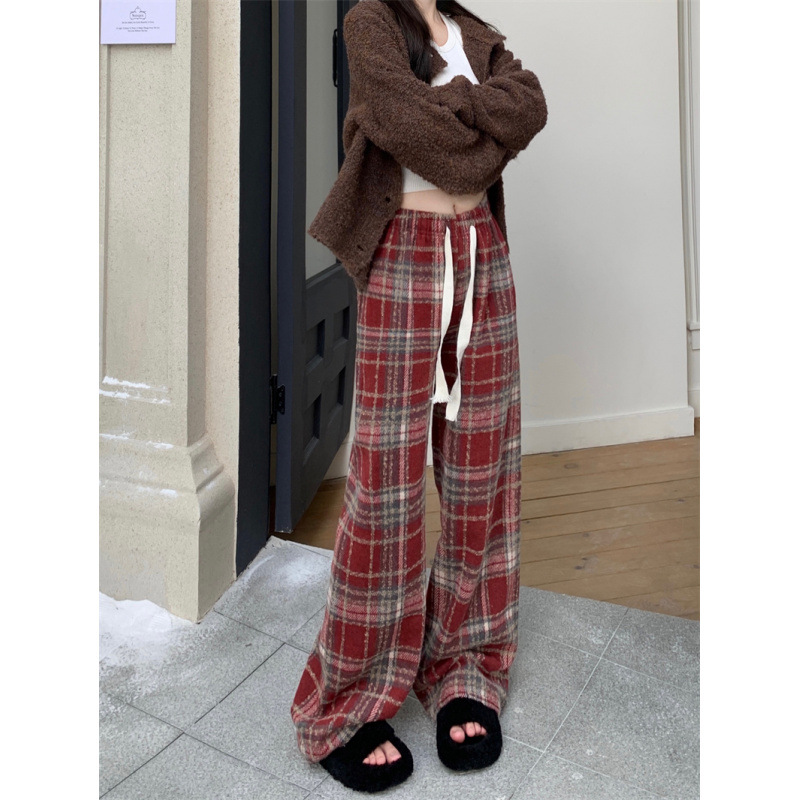 チェックパンツ 紐付きギンガムチェック柄ワイドパンツ