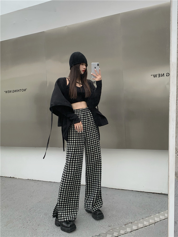 大人気厚手スプリットワイドチェックパンツ