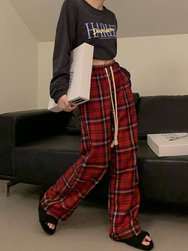 チェックパンツ 紐付きゆったりシルエットギンガムチェック柄パンツ