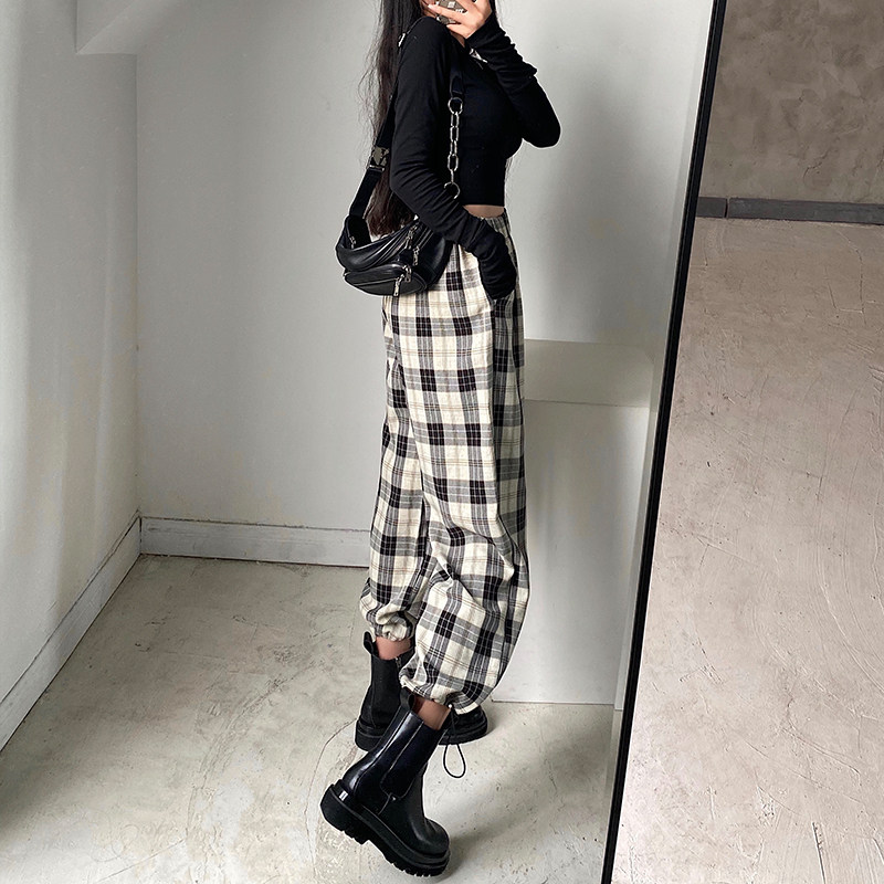 チェックパンツ 格子柄ゆったりテーパードイージーパンツ