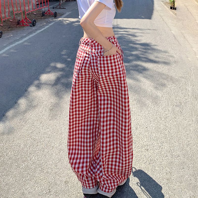 チェックパンツ 赤 ゆったりチェック柄ワイドパンツ