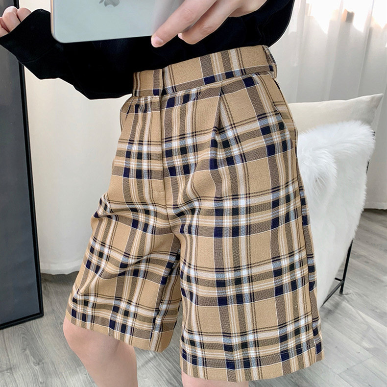 チェックパンツ クラシック格子柄ゆったりショートパンツ