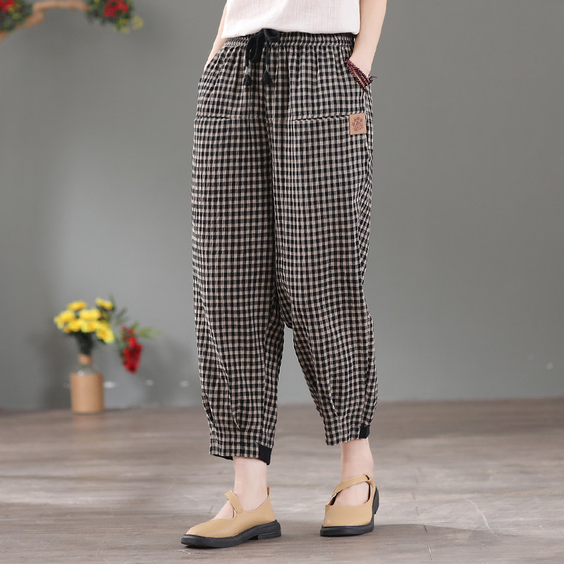チェックパンツ 格子柄ゴム紐ウエストポケット付きワイドパンツ