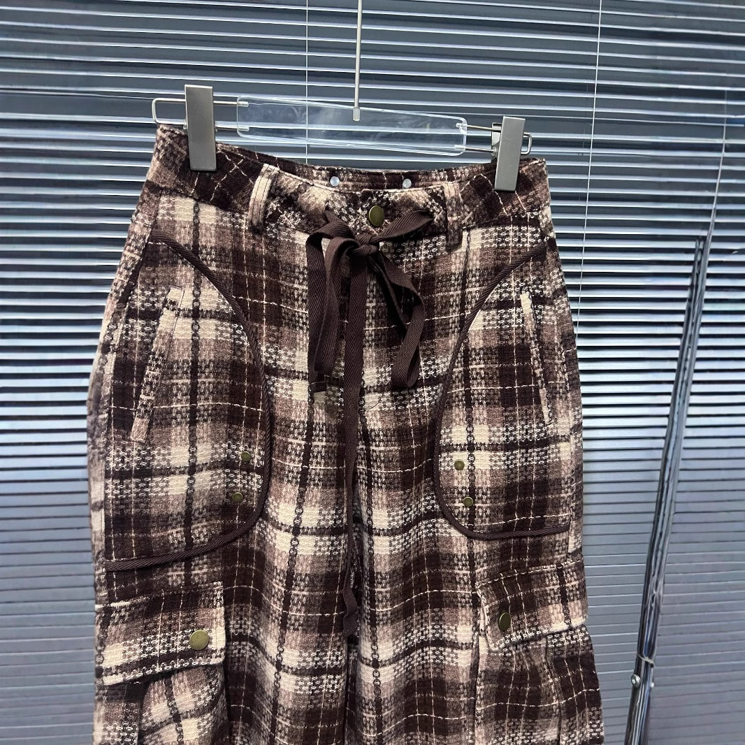 チェックパンツ ブラウン あたたか素材の千鳥格子柄ワイドパンツ