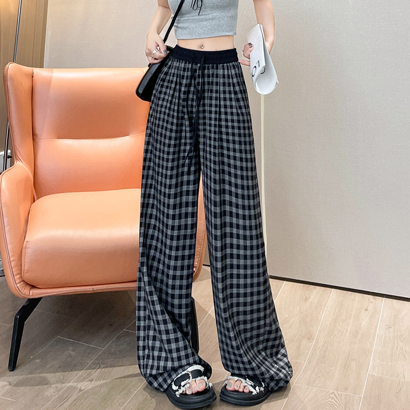 チェックパンツ グレー ゆったりシルエット格子柄ワイドパンツ