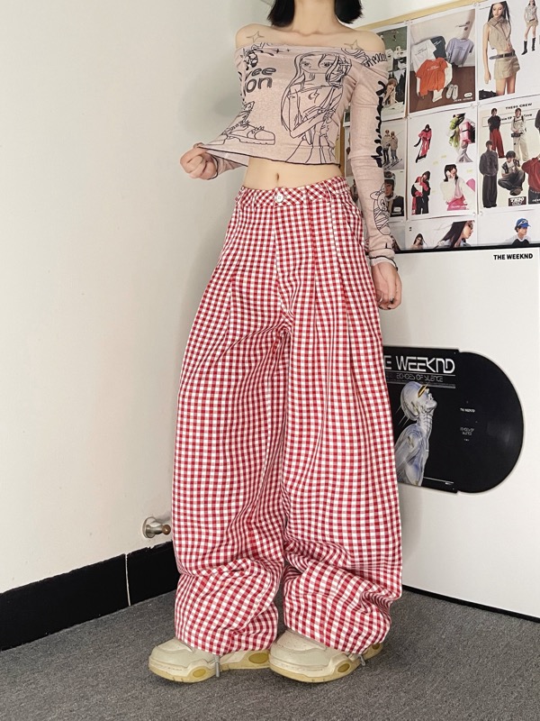 チェックパンツ レディース ギンガムチェック ワイドパンツ 赤白格子柄