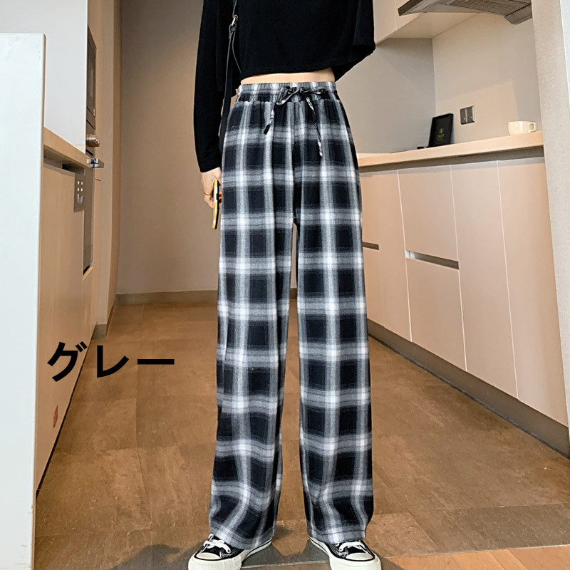 チェックパンツ モノトーン格子柄 ゆったりワイドパンツ