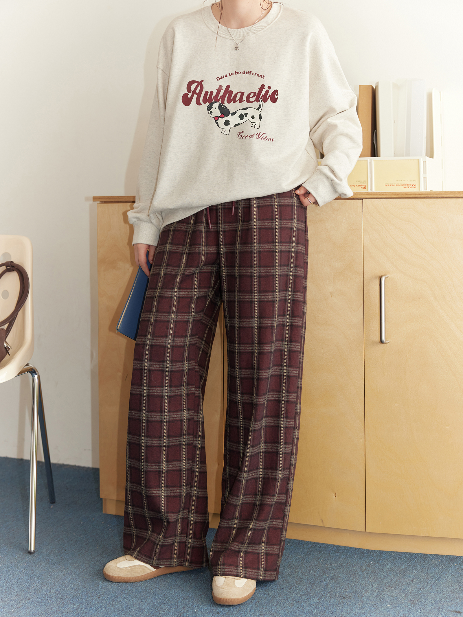 チェックパンツ なめらか素材 タータンチェックワイドパンツ