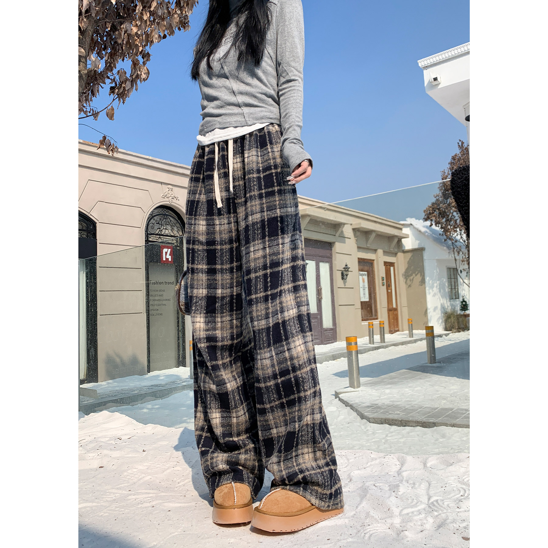 チェックパンツ ゆったりチェックあったかワイドパンツ