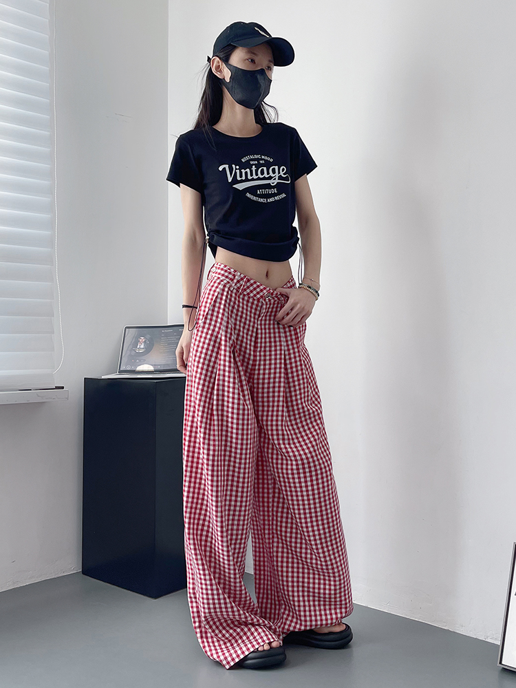 チェックパンツ 格子柄ゆったりロングパンツ