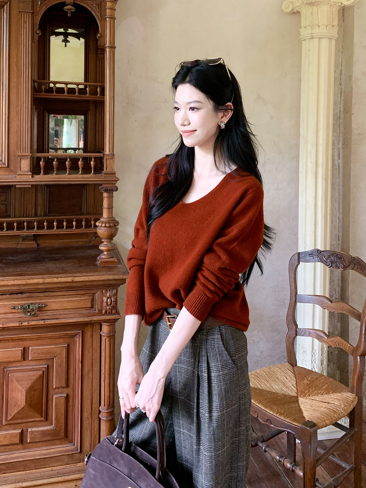 チェックパンツ グレンチェック柄ワイドタックスラックス