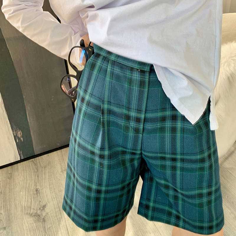 チェックパンツ クラシック格子柄ゆったりショートパンツ