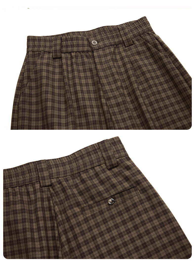 チェックパンツ ブラウン 立体パネル切替デザイン チェックワイドパンツ