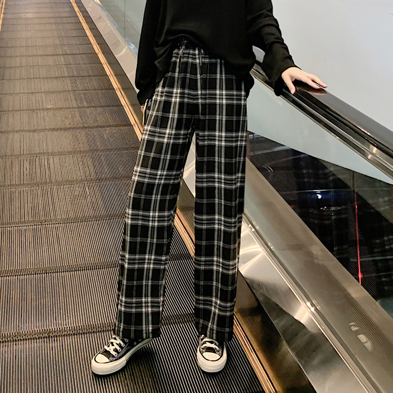 チェックパンツ モノトーン格子柄 ゆったりワイドパンツ