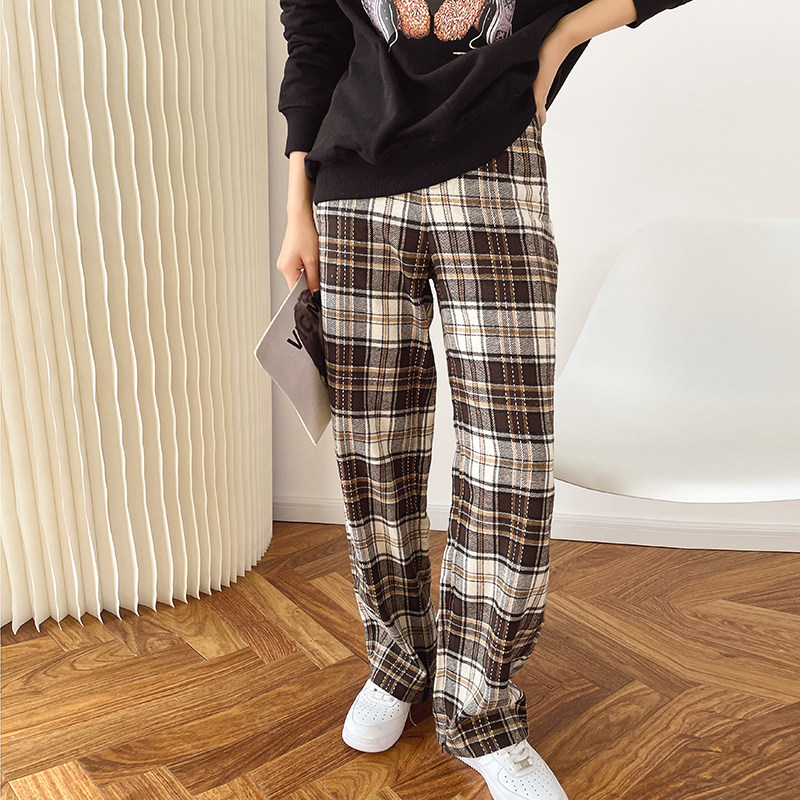 チェックパンツ タータンチェック柄ストレートワイドパンツ