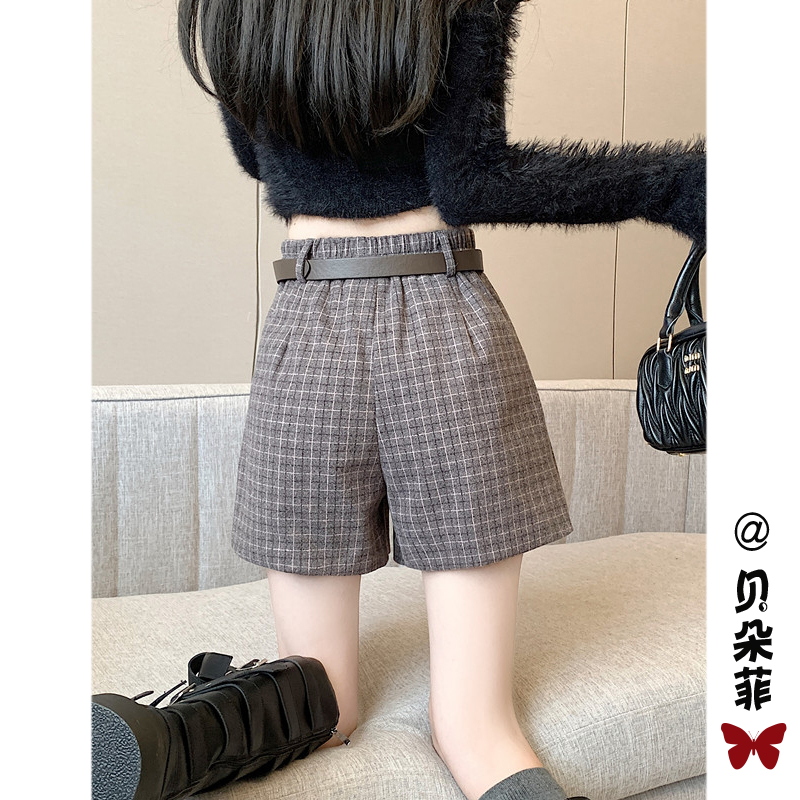 チェックパンツ クラシック格子柄ハイウエストベルト付きショートパンツ